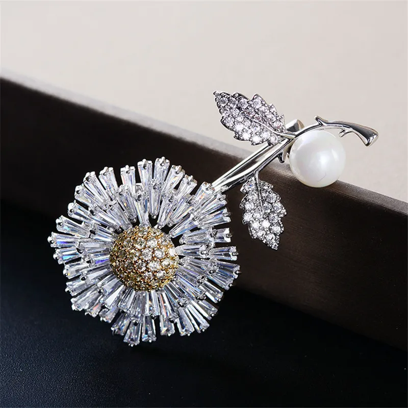 Элегантная белая брошь в виде Хризантема с жемчужиной кристаллами роскошная