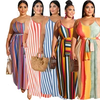 women striped long dress plus size spaghetti strap summer casual round neck sleeveless straight boho beach dresses with sashes