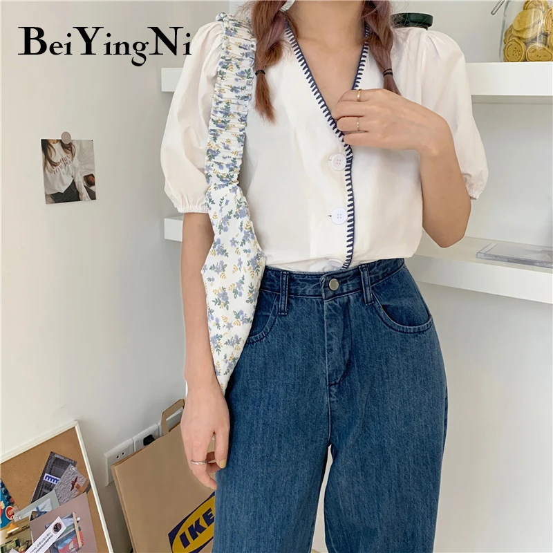 

Beiyingni Hit Color V-neck Short Sleeve Shirts Womens Single-breasted Sweet Korean Slim Street Blouses Female Chic Blouse Woman