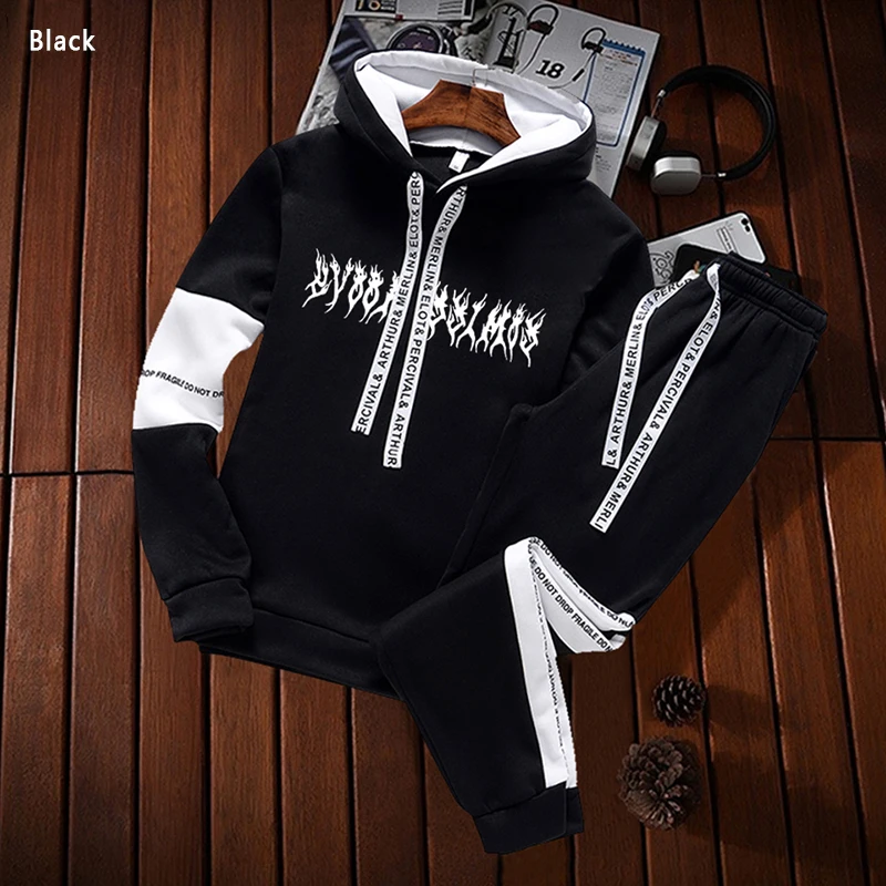 Patchwork Men Tracksuit Hoodies Sweatshirt and Pants Sets Pullover Hooded Sweatshirts White Black Casual Suit Male Outfits 2021 | Мужская