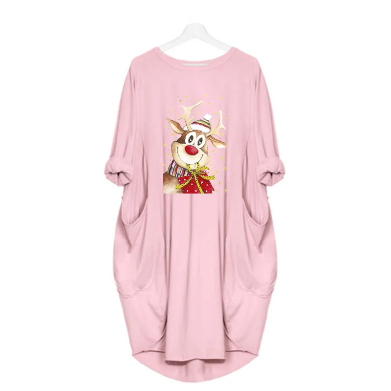

Fall Winter Long Sleeve Women Christmas Dress Cute Reindeer Print Pocket Elegant Loose Red Dresses Plus Size Party Vestidos Robe