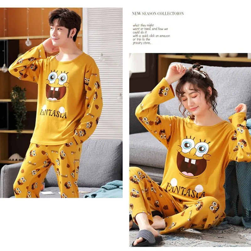 Пижама для женщин осенняя хлопковая с длинным рукавом и мультяшным принтом милый