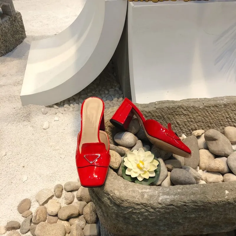 

Woman Slippers Patent Leather High Heel Solid Color Square Toe Luxury Designer Ladies Shoes Thick Heel Sandals Zapatos De Mujer