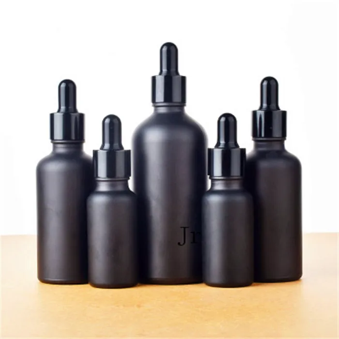 

12pc 100ml 50ml 30ml 20ml 15ml 10ml 5ml frost black glass essential oil dropper bottle essential drop vials Cosmetic Containers
