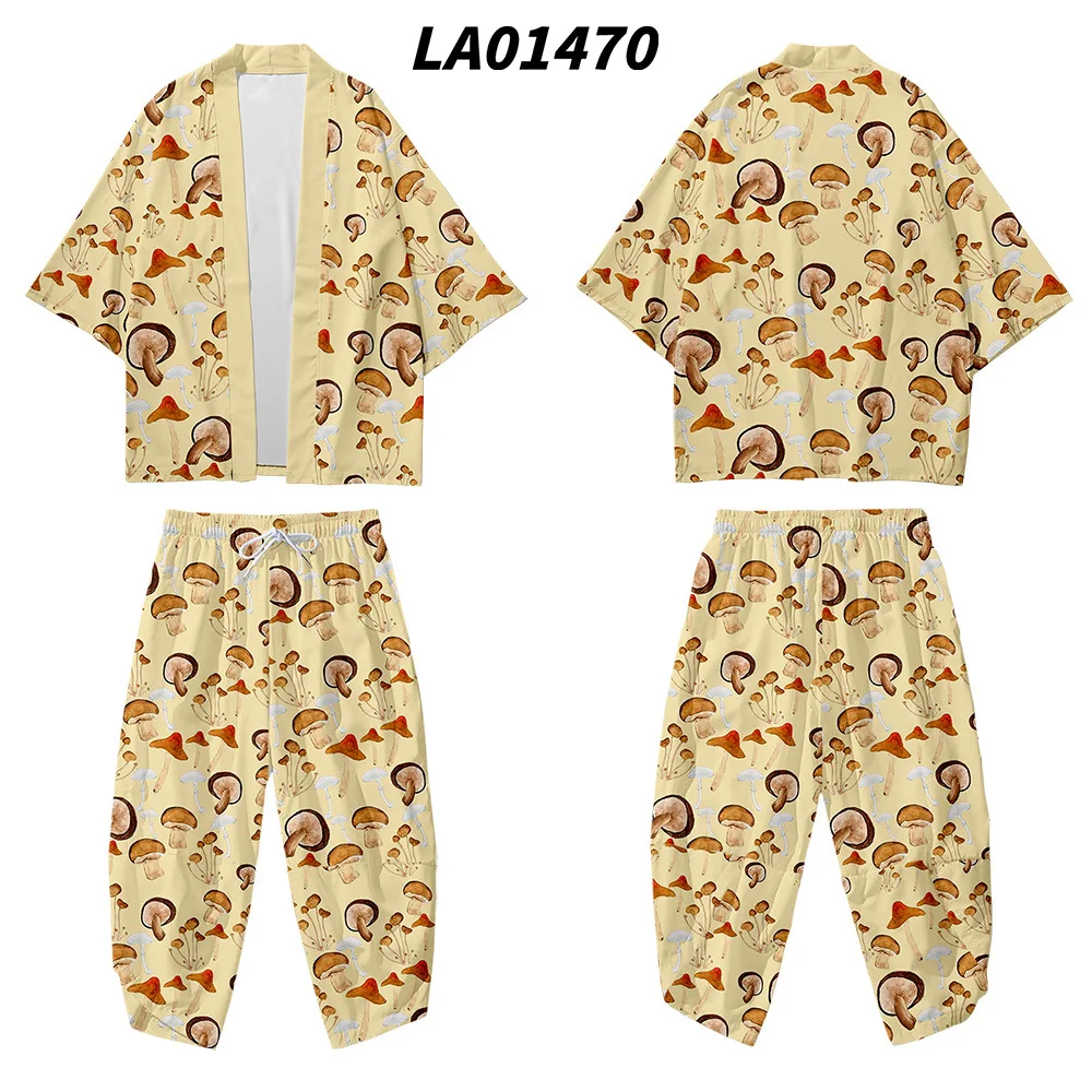 Кимоно с принтом в виде грибов для мужчин и женщин свободные японские штаны стиле