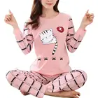 Женский костюм, зимний пижамный комплект с милым мультяшным принтом кота, женская пижама из двух предметов с длинным рукавом, брючные костюмы