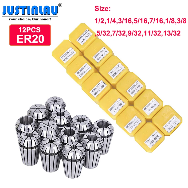 

JUSTINLAU 12pcs/set ER20 Spring Collet Set 1/8-13/32 Inch Chuck Collet for CNC Milling Lathe Tool