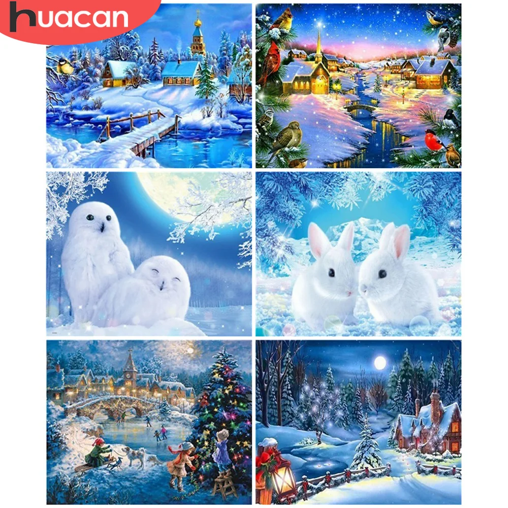 

Набор для рисования по номерам HUACAN, зимний пейзаж для гостиной, в рамке