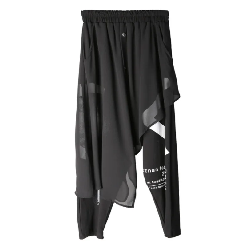 

[EAM] Chiffon Irregular Print Pattern Black High Waist Trousers New Loose Fit Pants Women Fashion Spring Autumn 2021 1DD4580