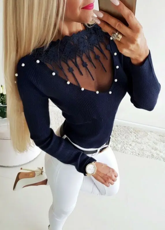 

Sexy Women Autumn V-neck Tight Lace Leaky Sweater Long Sleeve Crew Neck Slim Tops Club Party Casual Blouse