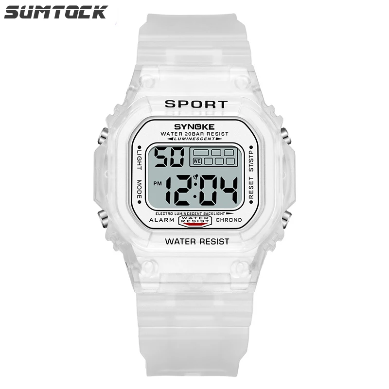 Часы SUMTOCK цифровые унисекс белые прозрачные светодиодные с ремешком из