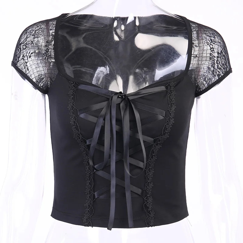 InsGoth Vintage Tops Goth T-shirt Women Bodycon Bandage Lace Black T-shirts Gothic Streetwear Sexy Female Top Casual Mesh Tee