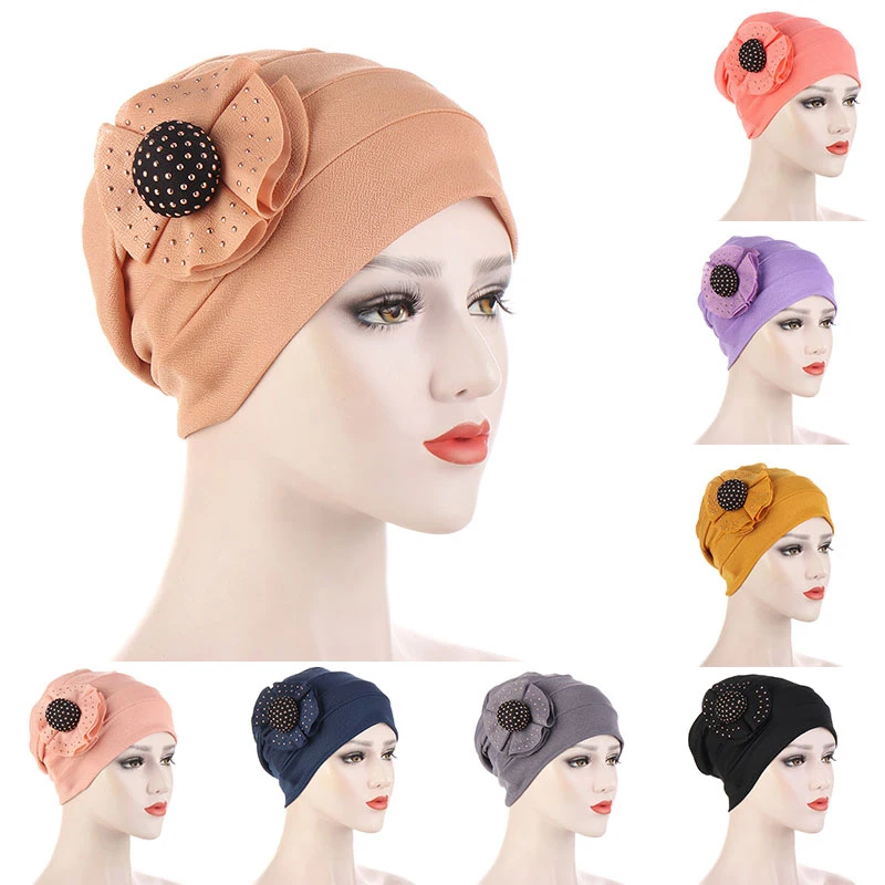 

2021 New Women Flower Turban Hat Popular Hot Drilling Flower Decoration Headband Cap Headscarf Solid Color Muslim Hijabs