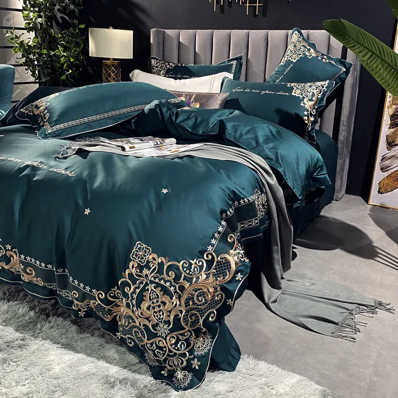 Элегантное постельное белье с вышивкой Синий Комплект постельного белья