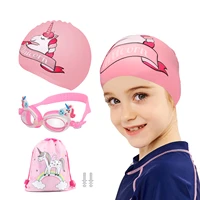 girl unicorn swim cap anti fog swimming goggles silicone nose clip with storage bag for children age 3 12 swimming accessories