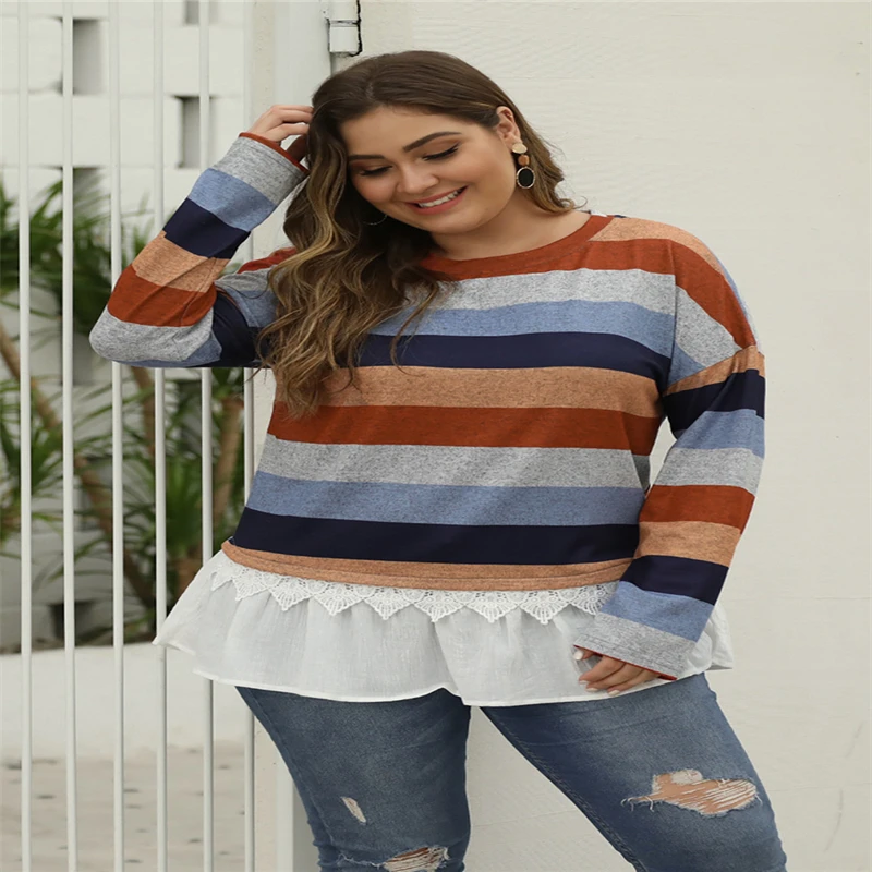 

2020 New Autumn And Winter Pullover Women Fashion Stitching Stripe Loose plus size Fake two pieces Round neck Female Top Leisure