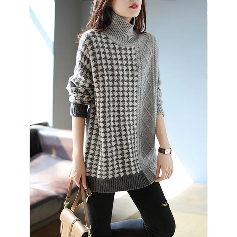 Контрастный женский свитер тысяча птиц в клетку средней и длинной осенне-зимней