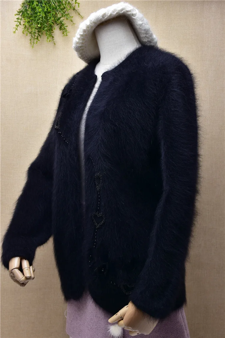 

B233 top mujer female black vintage beading angora rabbit fur knitted loose long sleeves cardigans mantle mink fur jacket coat