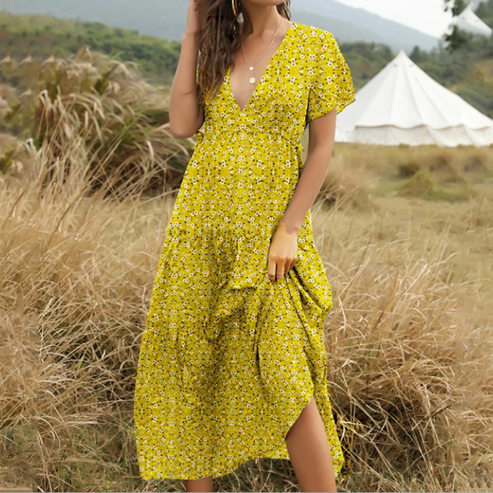 

Elegant Floral Print Split Maxi Dresses Women Autumn Deep V Neck Flare Sleeve Party Dress Ladies Sexy Slim Bohemian Dress