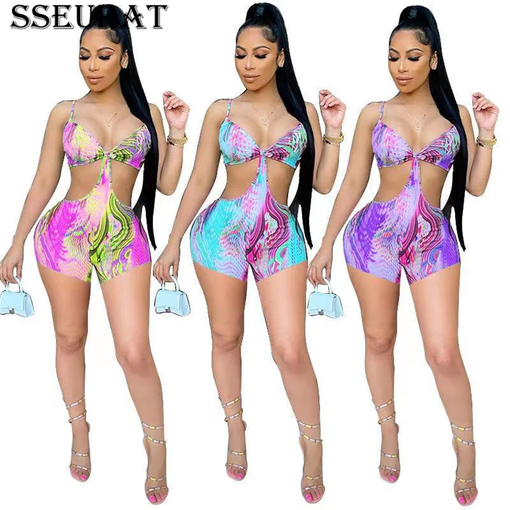 

SSEURAT Sexy Print Strap Playsuit Vacation Outfit Summer 2021 Clothes One Piece Outfit Romper Short Jumpsuit