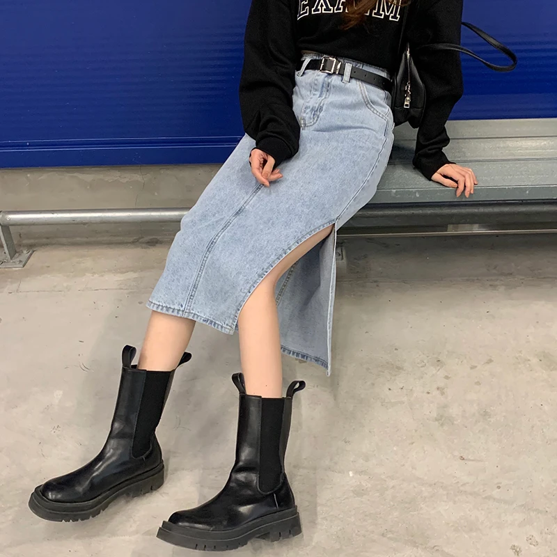 

S-XL 2Color Long Denim Skirt 2021 korean style Side Split High Waist Midi Skirts Women split Jean Skirt Style Saia Jeans (72856