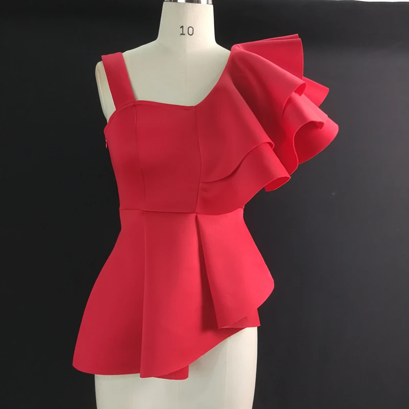 Женская блузка топы рубашки сексуальные с баской красные рюшами асимметричными