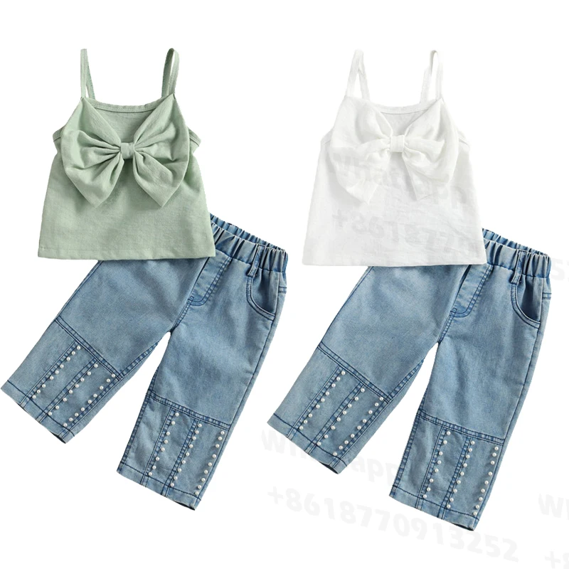 

Kids Girls Summer Princess Clothes Casual Children Outfits Baby Girl Bowknot Sleeveless Tank Top+Beaded Jeans Pocket Denim Pants