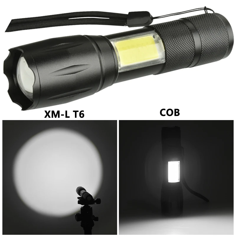 

Built in 18650 Battery Flashlight LED XM-L T6 COB Aluminum Torch 4 Modes Zoomable Rechargeable USB Lantern for Camping Yunmai