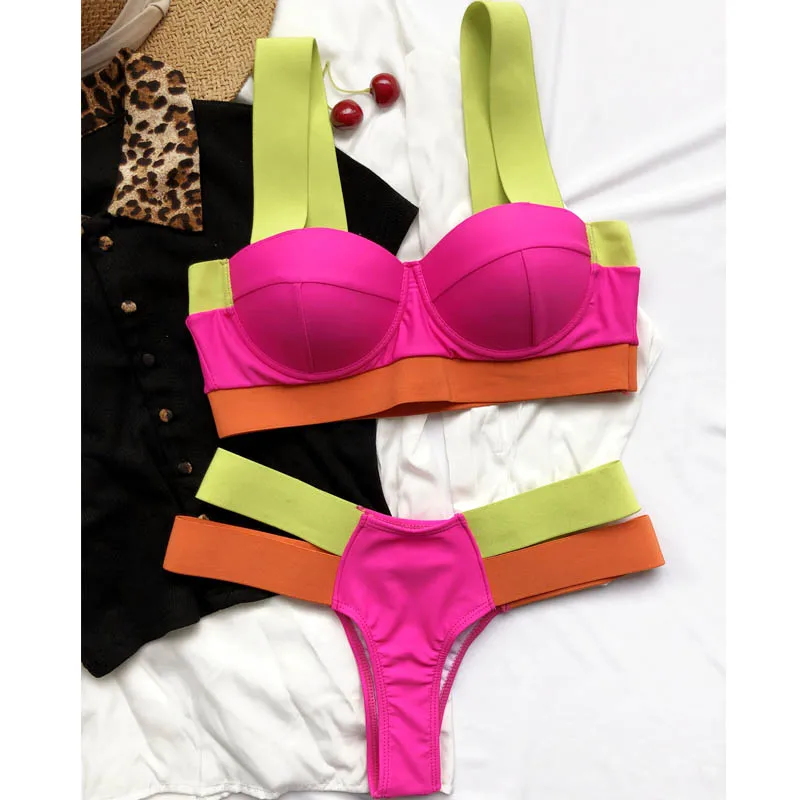 

Contrast Color Patchwork Bikini Bra TCup Swimsuit Women High Waist Bikini Set Swimwear Push Up Bathing Suit Bather Biquini G20