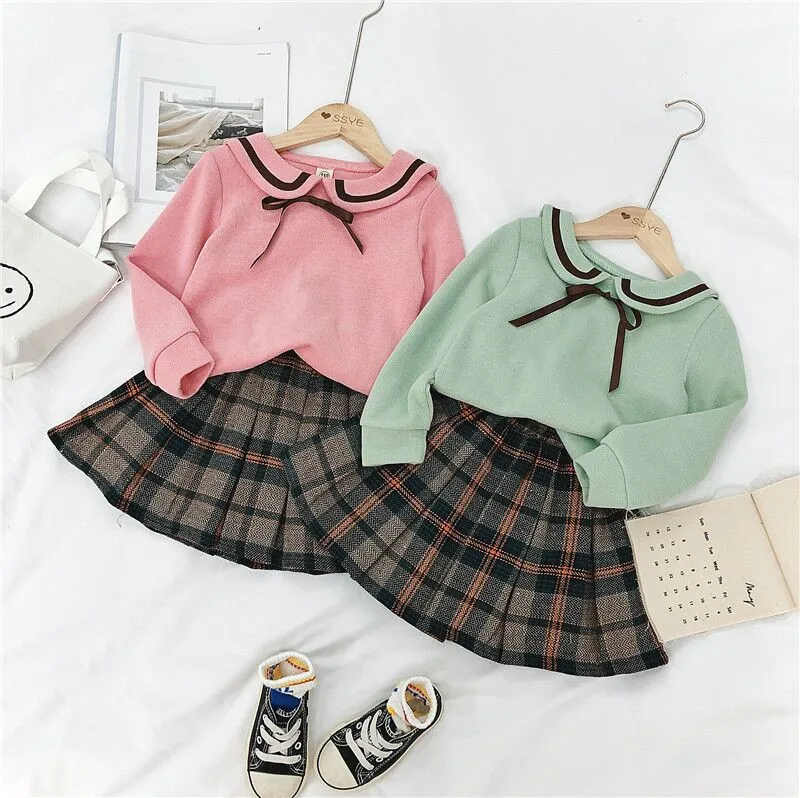 

Children's suit 2020 girls clothes cartoon ear lapel Sweater+lattice pleated skirt two-piece suit Children Clothing OSO FELIZ
