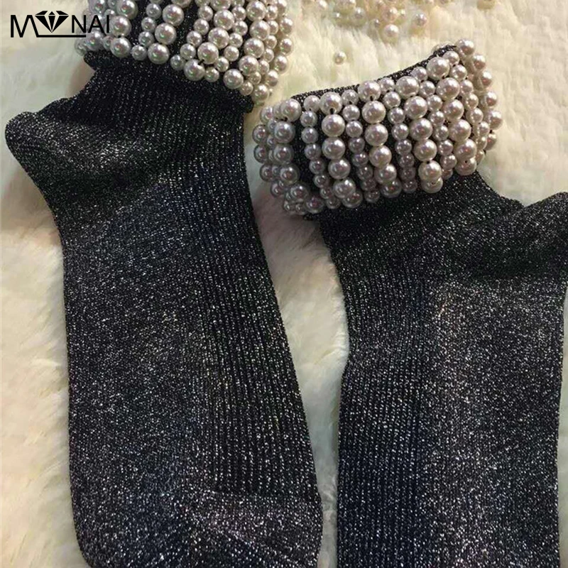 

Socks Solid Cotton Handmade String Pearls Accessories Grey Slouch Socks Casual Creative Street Popular Lolita Girls Women Socks