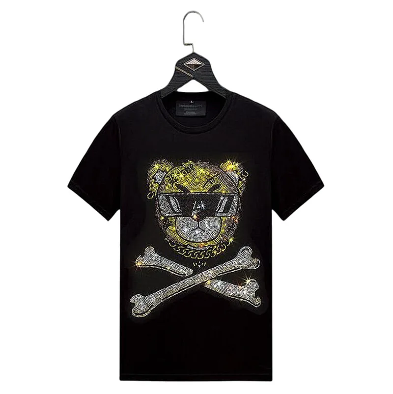

S-6XL Anime T-shirts Men Hot drill Streetwear Skull Tshirts Short Sleeve O-neck Tee Shirts Fashion Top