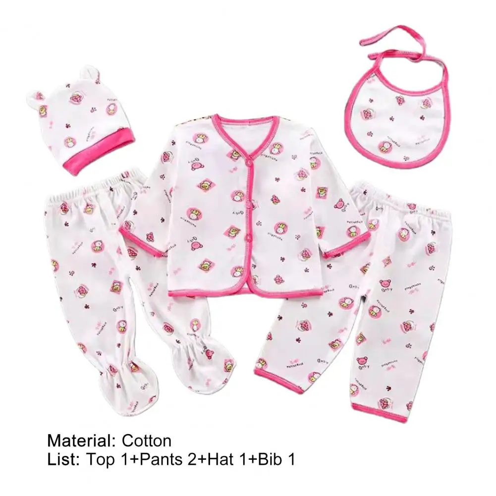 5 unids/set beb&eacute; Unisex ropa de personaje de dibujos animados de impresi&oacute;n de algod&oacute;n transpirable suave de los ni&ntilde;os Tops sombrero pantalones babero traje de ropa para reci&eacute;n nacido-3