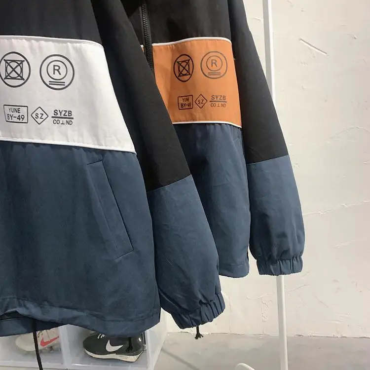 

Autumn New Trend Color Matching Jacket Men's Brand Student Harajuku Style Loose Casual All-Match Windbreaker Cotton Stand Collar