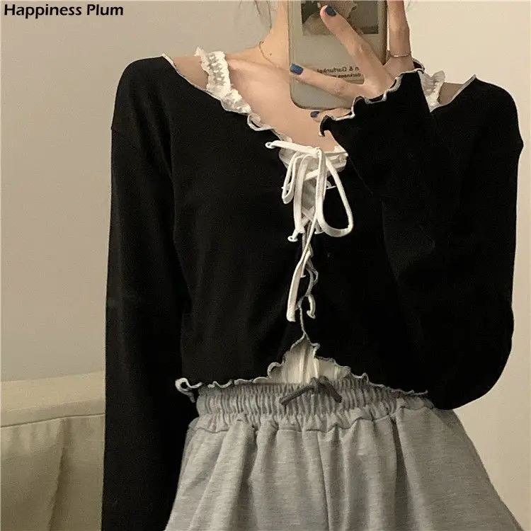 

Women Long Sleeve T-shirts Lace-up Patchwork Ruffles Trendy Sweet Lovely Crop Tops Sexy Females Leisure Chic All-match Outwear
