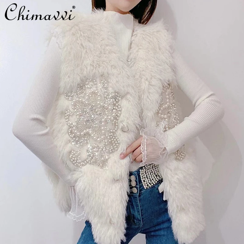 

2021 winter new female fashion simple solid Lamb Wool Vest Coat Women Korean Style Sweet Beads Imitation Fur Thickened waistcoat