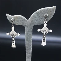 christian jesus stainless steel cross stud earrings women silver color religion earrings jewelry boucles doreilles e8003s05