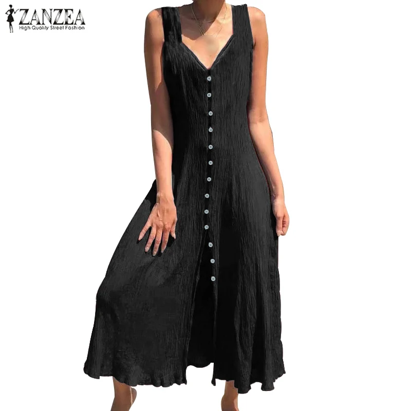 ZANZEA, летнее женское платье, элегантное, однотонное, длинный жилет, Vestidos, на пуговицах, v-образный вырез, Vestidos, сексуальное, с разрезом, длинное, макси, сарафан, 7