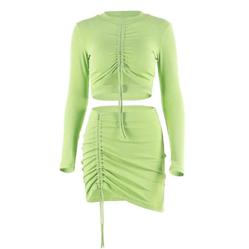 Новые осенние Мода Женский комплект 2 шт. Топ Мини юбка-карандаш зеленого цвета