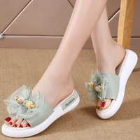 summer ladies beach slippers luxury leather womens wedges platform shoes upper have flower slippers for women water height 3cm