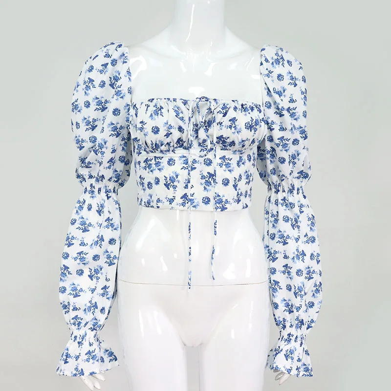 

Sexy Top Women Blue Floral Print Front Top and Blouses Square Collar Puff Sleeve Elegant Vintage Shirt Tops Mujer Chic
