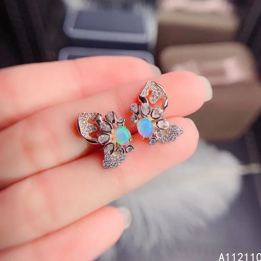 

Fine Jewelry 925 Sterling Silver Inset With Natural Gems Women's Luxury Fashion Butterfly White Opal Earrings Ear Stud Support D