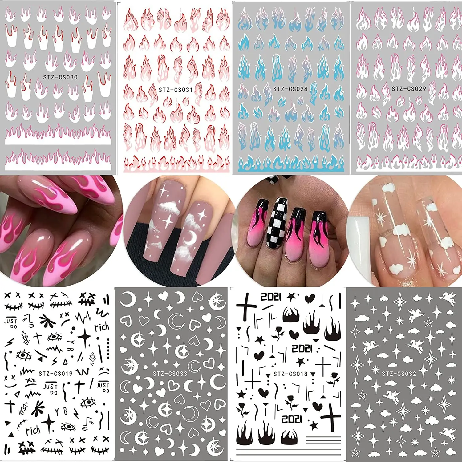 

8 PCS Flame Cloud Moon Cute Pattern Nail Art Stickers 3D Self-Adhesive Nail Sticker Decals for Women Manicure Nail Decorations
