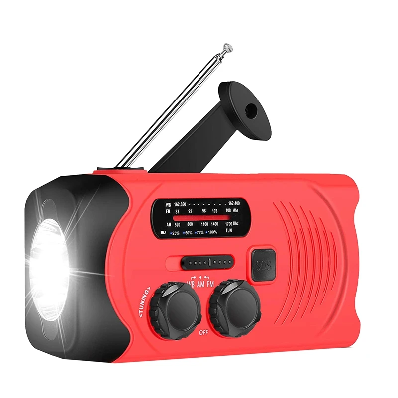 Аварийная погода AM/FM NOAA Солнечная энергия ed Wind Up радио с SOS 2000MAh внешний