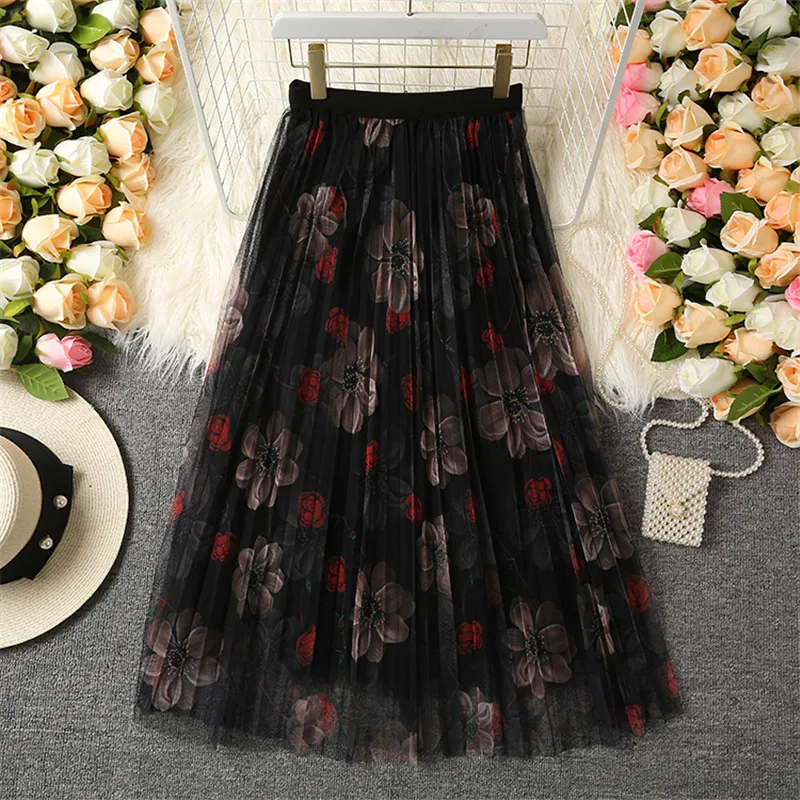 

Limiguyue Summer Holiday Tulle Pleated Madi Skirt Women Beautiful Floral Print Mesh A Line High Waist Skirt Taille Haute K1622
