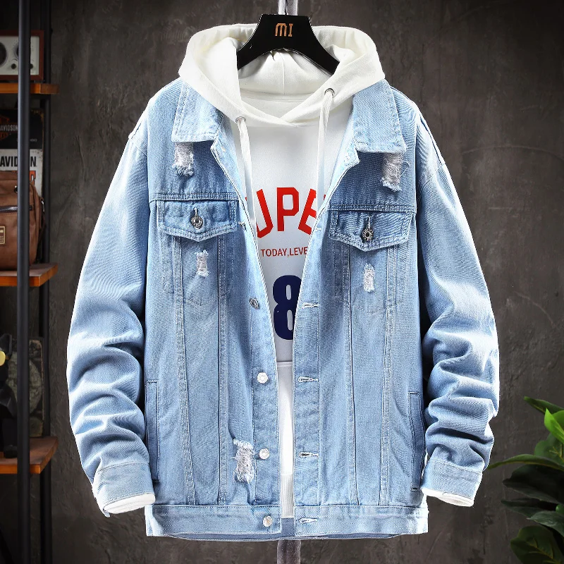 

Весна-Осень 2021, Мужская джинсовая куртка, свободная куртка, мужские джинсовые комбинезоны, модная Высококачественная джинсовая куртка с дл...