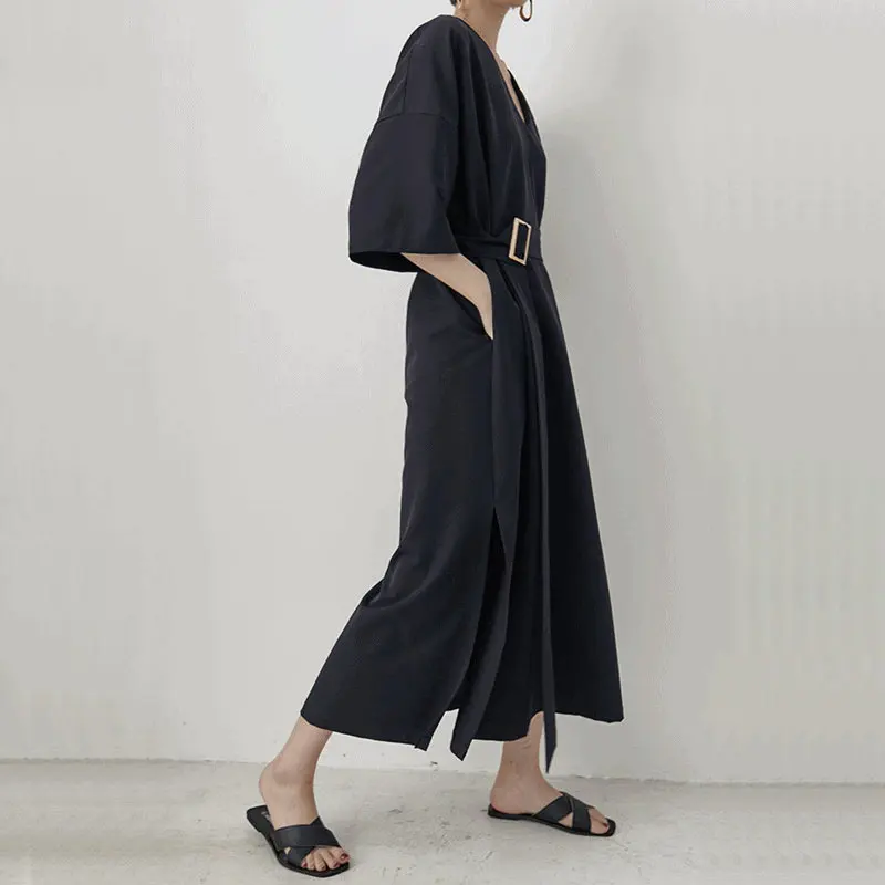 

2019 Women Vintage Short Sleeve Black Vestido V Neck Casual Loose Long Dress Chic Elegant Belt Sashes Dresses Summer 2019 AA5258
