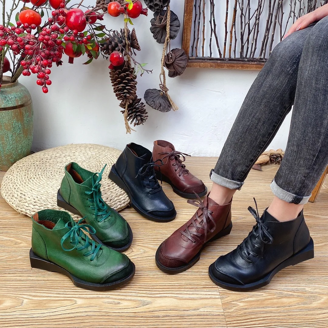 

Autumn New Women's Boots Leather Flat Elastic Rope British Style Martin Boots First Layer Cowhide Round Toe Short Boot For Women