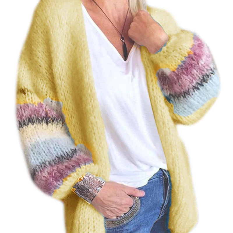 

Women Autumn Warm Mohair Knitted Cardigan Candy Color Open Front Sweater Coat Striped Lantern Long Sleeve Casual Loose Outwear
