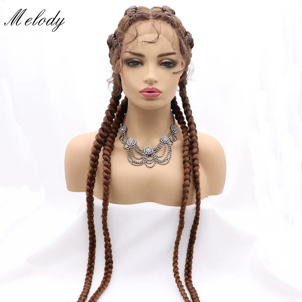 Melody Synthetic Wig Handmade Long Box 4 Braids with Baby Hair Natural Black Mixed 30#Brown for Women Natural Looking Drag Queen